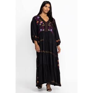 Johnny Was Toni Dolman Black Silk Tiered Embroidered Dress Sz M